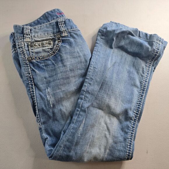 Rock and Roll Cowgirl Jeans Women's 29 x 32 ** Blue Low Rise Boot Cut Distressed - Picture 10 of 16